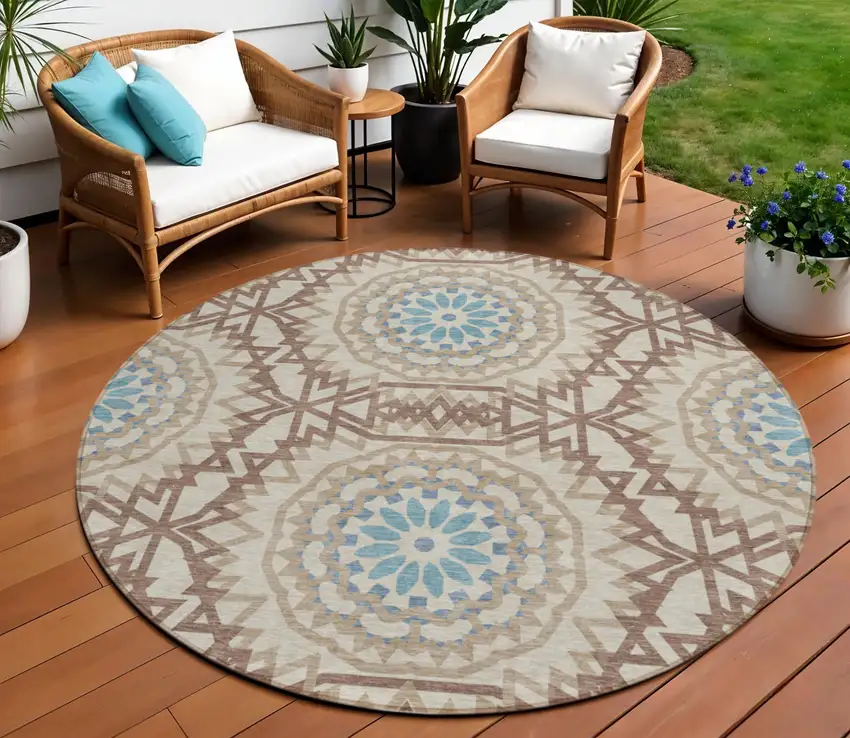 8' Khaki Brown And Taupe Round Floral Medallion Washable Indoor Outdoor Area Rug Photo 1