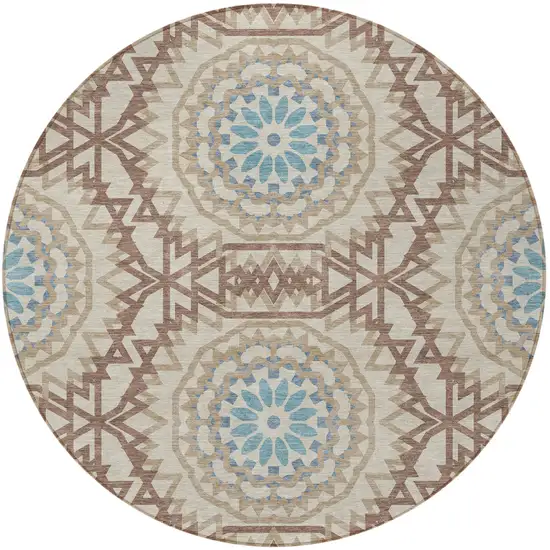 8' Khaki Brown And Taupe Round Floral Medallion Washable Indoor Outdoor Area Rug Photo 6