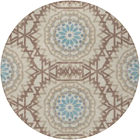 8' Khaki Brown And Taupe Round Floral Medallion Washable Indoor Outdoor Area Rug Photo 6