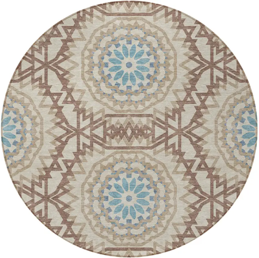 8' Khaki Brown And Taupe Round Floral Medallion Washable Indoor Outdoor Area Rug Photo 6