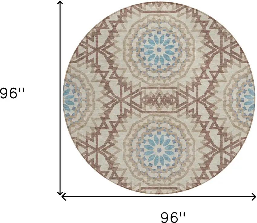 8' Khaki Brown And Taupe Round Floral Medallion Washable Indoor Outdoor Area Rug Photo 3