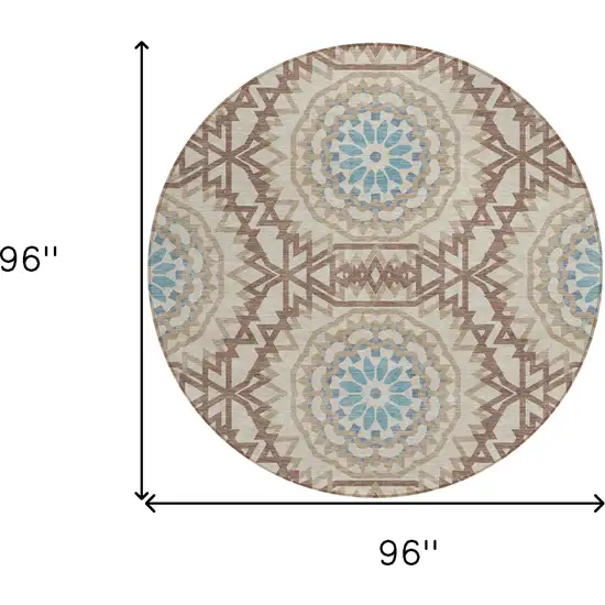 8' Khaki Brown And Taupe Round Floral Medallion Washable Indoor Outdoor Area Rug Photo 3