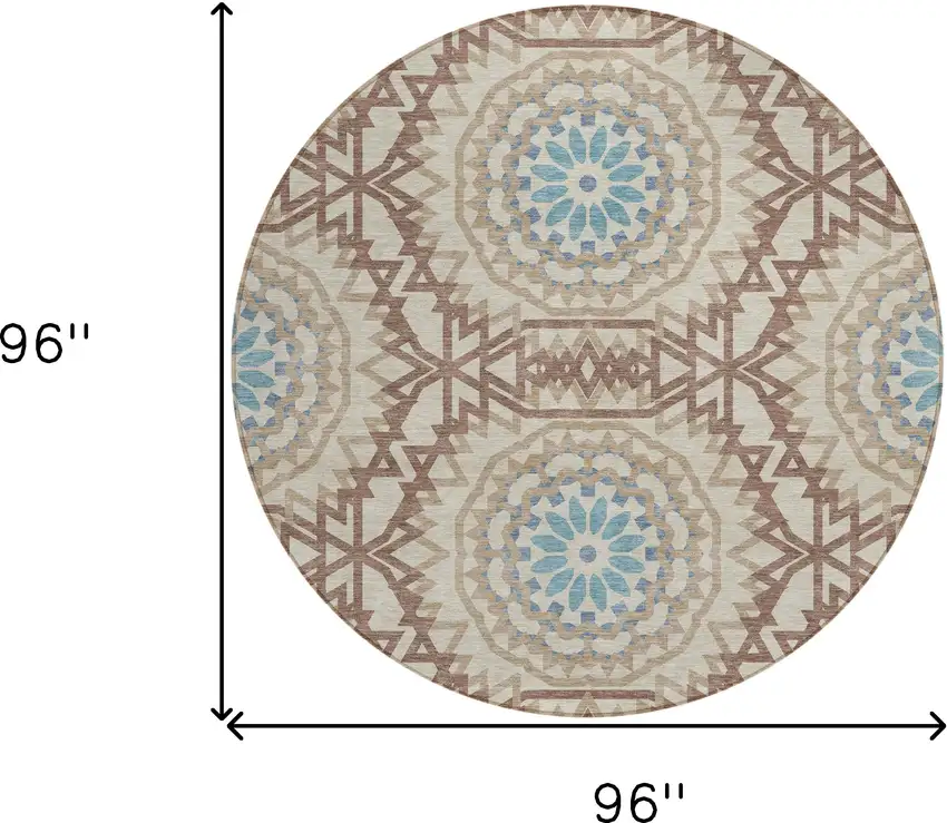 8' Khaki Brown And Taupe Round Floral Medallion Washable Indoor Outdoor Area Rug Photo 3