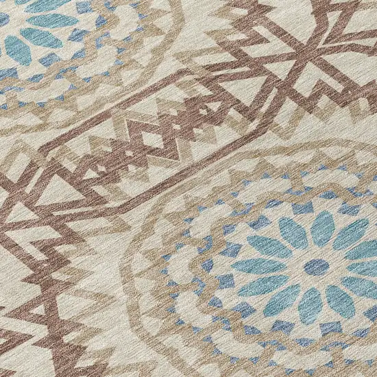 8' Khaki Brown And Taupe Round Floral Medallion Washable Indoor Outdoor Area Rug Photo 5