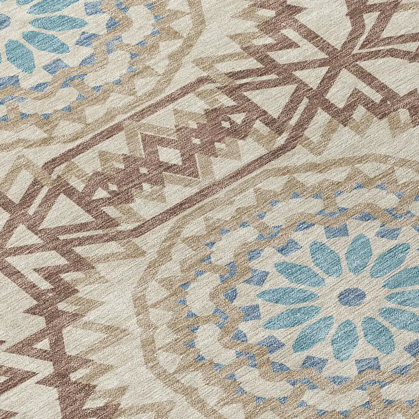 8' Khaki Brown And Taupe Round Floral Medallion Washable Indoor Outdoor Area Rug Photo 5