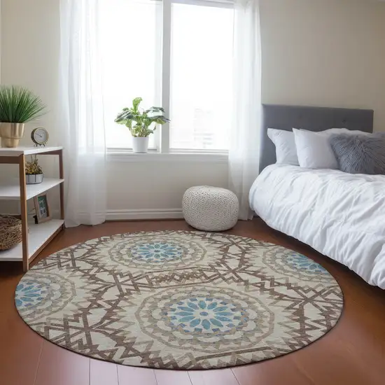 8' Khaki Brown And Taupe Round Floral Medallion Washable Indoor Outdoor Area Rug Photo 8