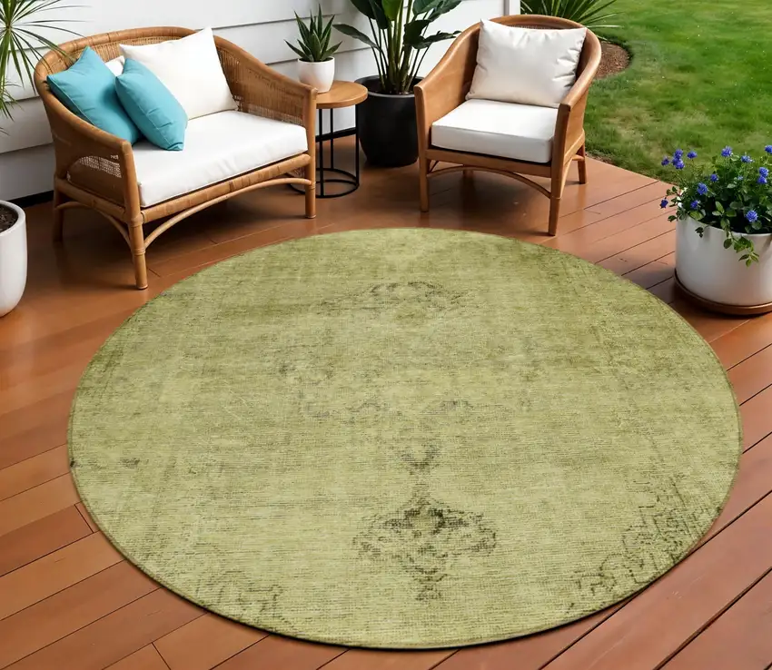 8' Khaki Brown And Taupe Round Oriental Washable Indoor Outdoor Area Rug Photo 1