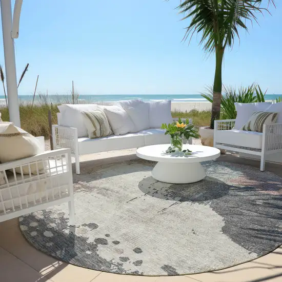 8' Khaki Charcoal And Ivory Round Abstract Washable Indoor Outdoor Area Rug Photo 5