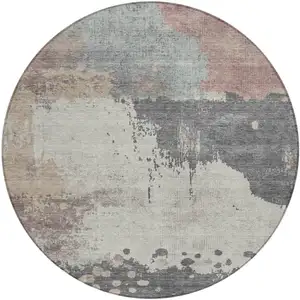 Photo of 8' Khaki Charcoal And Ivory Round Abstract Washable Indoor Outdoor Area Rug