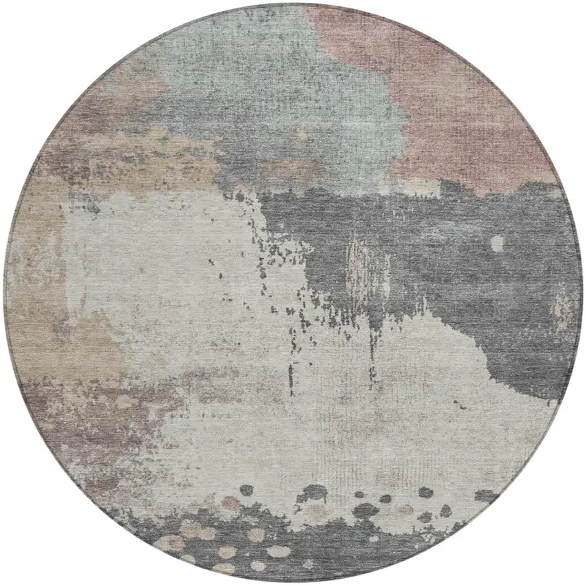 8' Khaki Charcoal And Ivory Round Abstract Washable Indoor Outdoor Area Rug Photo 1