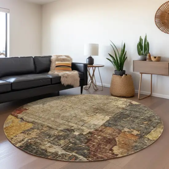 8' Khaki Charcoal And Terra Cotta Round Abstract Washable Indoor Outdoor Area Rug Photo 7