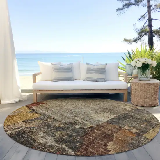 8' Khaki Charcoal And Terra Cotta Round Abstract Washable Indoor Outdoor Area Rug Photo 6