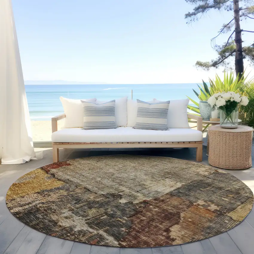 8' Khaki Charcoal And Terra Cotta Round Abstract Washable Indoor Outdoor Area Rug Photo 6