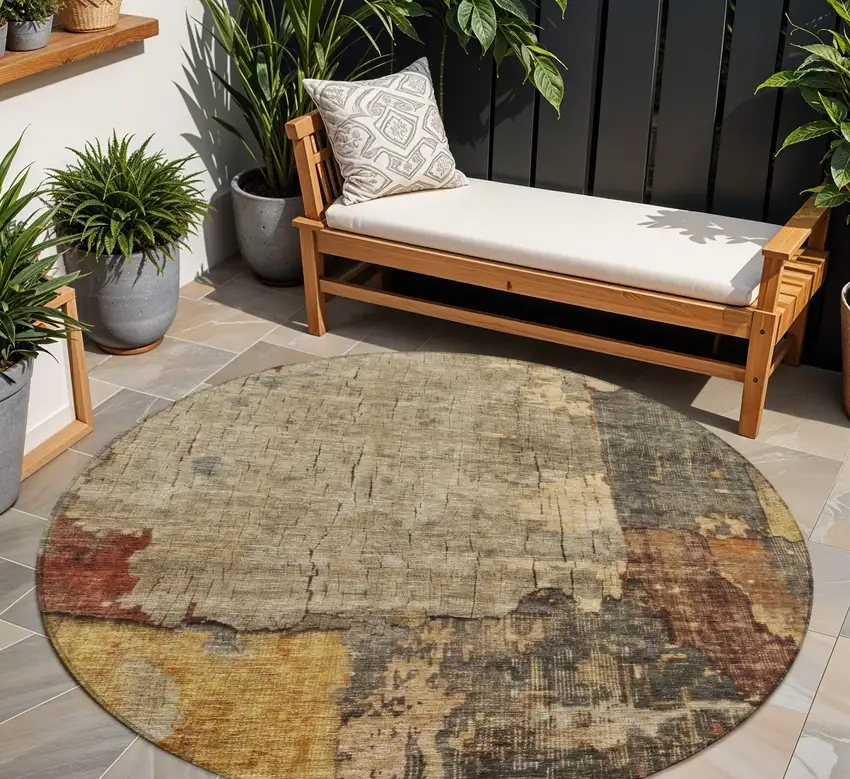 8' Khaki Charcoal And Terra Cotta Round Abstract Washable Indoor Outdoor Area Rug Photo 1