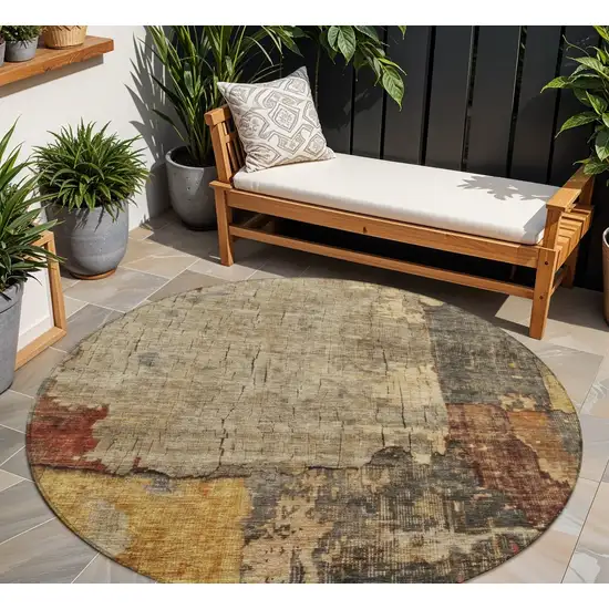 8' Khaki Charcoal And Terra Cotta Round Abstract Washable Indoor Outdoor Area Rug Photo 1