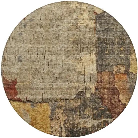 8' Khaki Charcoal And Terra Cotta Round Abstract Washable Indoor Outdoor Area Rug Photo 2