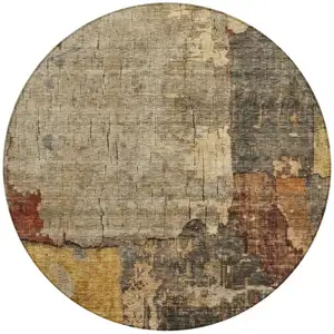 Photo of 8' Khaki Charcoal And Terra Cotta Round Abstract Washable Indoor Outdoor Area Rug