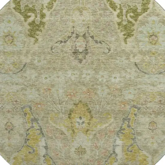 8' Khaki Gold And Beige Floral Washable Round Rug With UV Protection Photo 3