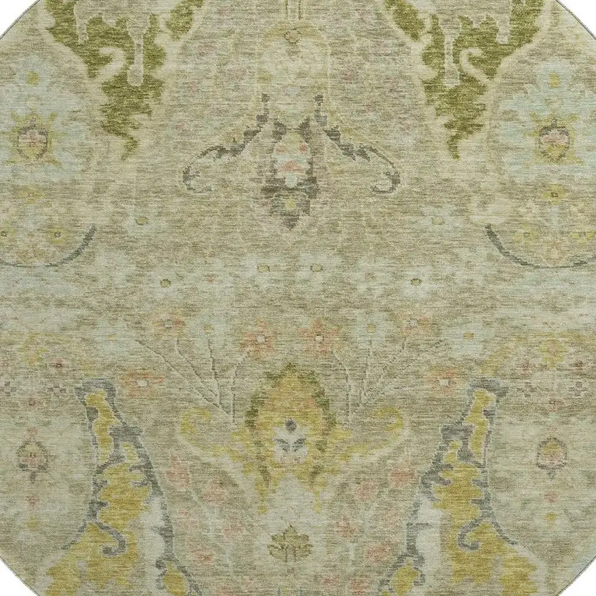8' Khaki Gold And Beige Floral Washable Round Rug With UV Protection Photo 3