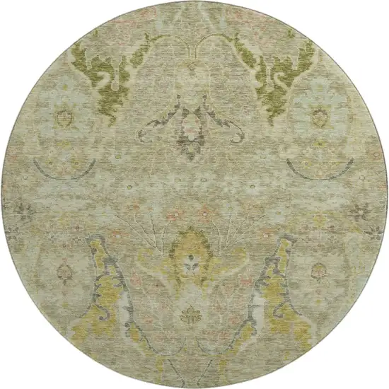 8' Khaki Gold And Beige Floral Washable Round Rug With UV Protection Photo 1