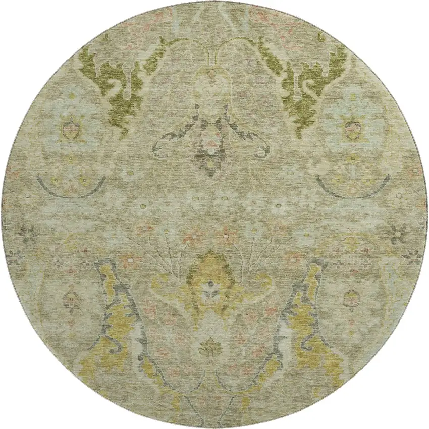 8' Khaki Gold And Beige Floral Washable Round Rug With UV Protection Photo 1