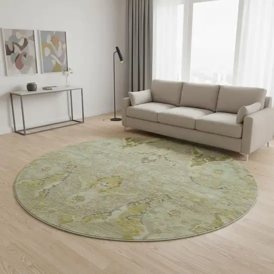 8' Khaki Gold And Beige Floral Washable Round Rug With UV Protection Photo 2