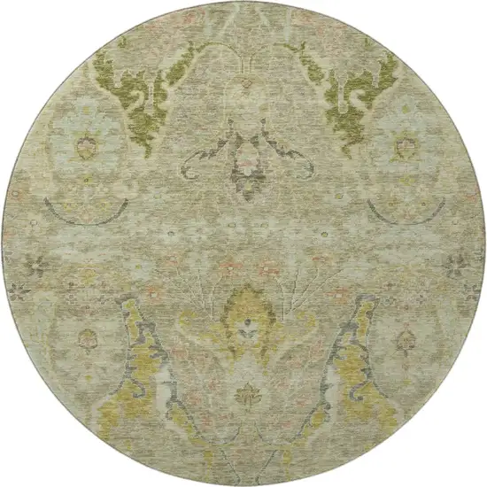 8' Khaki Gold And Beige Floral Washable Round Rug With UV Protection Photo 4