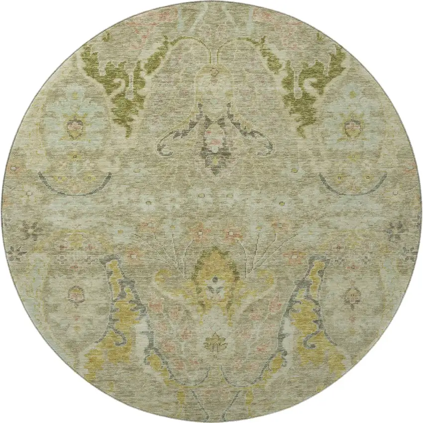 8' Khaki Gold And Beige Floral Washable Round Rug With UV Protection Photo 4