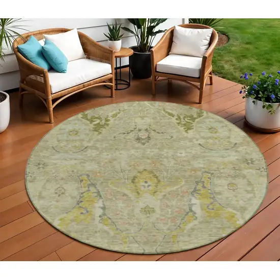 8' Khaki Gold And Beige Round Floral Washable Indoor Outdoor Area Rug Photo 2