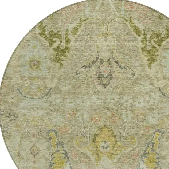 8' Khaki Gold And Beige Round Floral Washable Indoor Outdoor Area Rug Photo 4