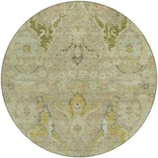 8' Khaki Gold And Beige Round Floral Washable Indoor Outdoor Area Rug Photo 1