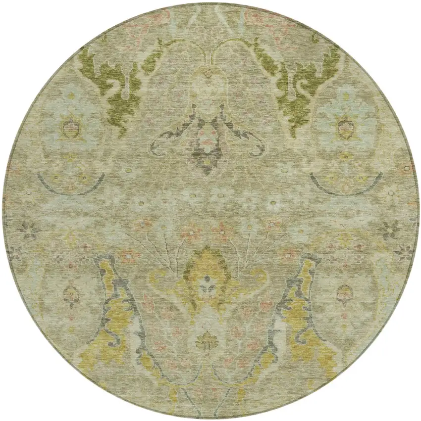 8' Khaki Gold And Beige Round Floral Washable Indoor Outdoor Area Rug Photo 1