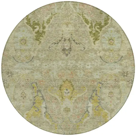 8' Khaki Gold And Beige Round Floral Washable Indoor Outdoor Area Rug Photo 3