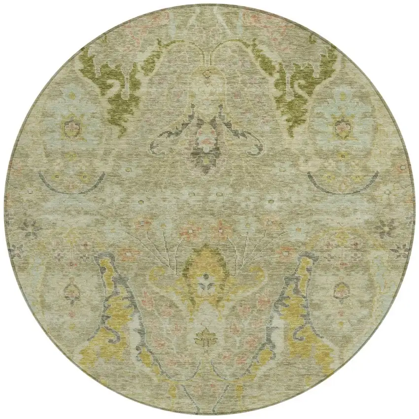 8' Khaki Gold And Beige Round Floral Washable Indoor Outdoor Area Rug Photo 3