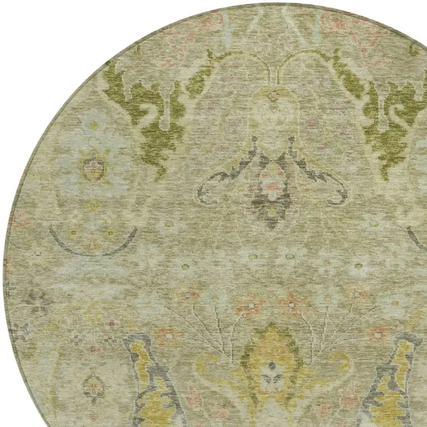 8' Khaki Gold And Beige Round Floral Washable Indoor Outdoor Area Rug Photo 8