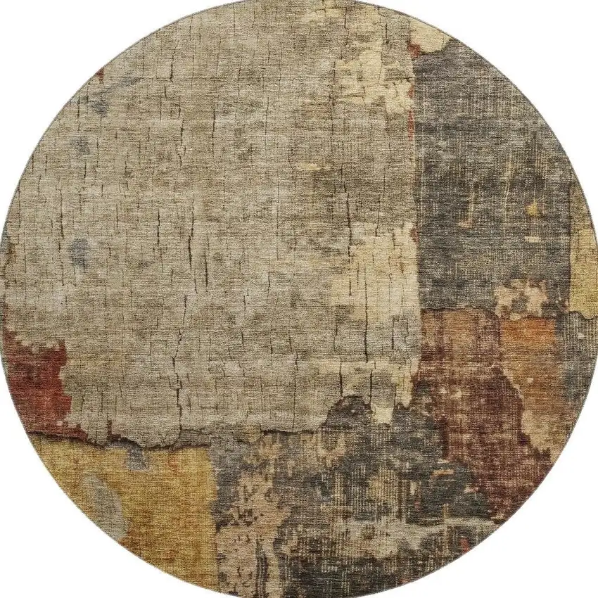 8' Khaki Gold And Blue Abstract Washable Round Rug With UV Protection Photo 3