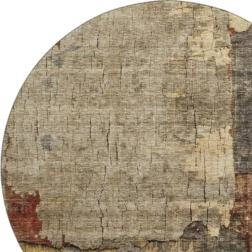 8' Khaki Gold And Blue Abstract Washable Round Rug With UV Protection Photo 2