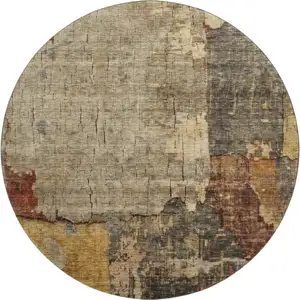 Photo of 8' Khaki Gold And Blue Abstract Washable Round Rug With UV Protection