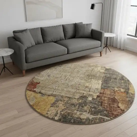 8' Khaki Gold And Blue Abstract Washable Round Rug With UV Protection Photo 2