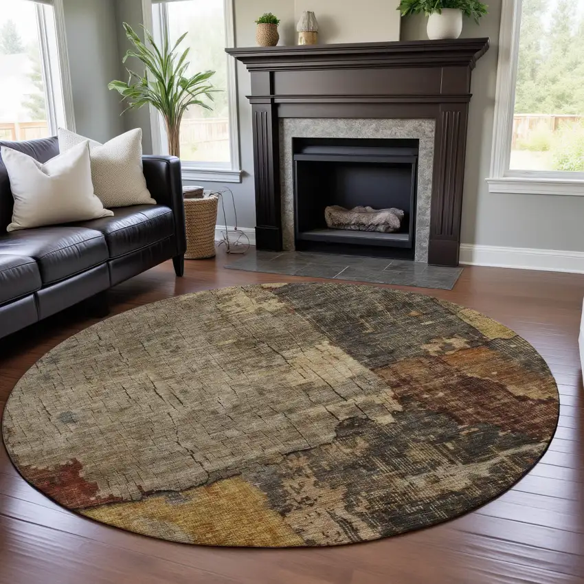 8' Khaki Gold And Blue Abstract Washable Round Rug With UV Protection Photo 4