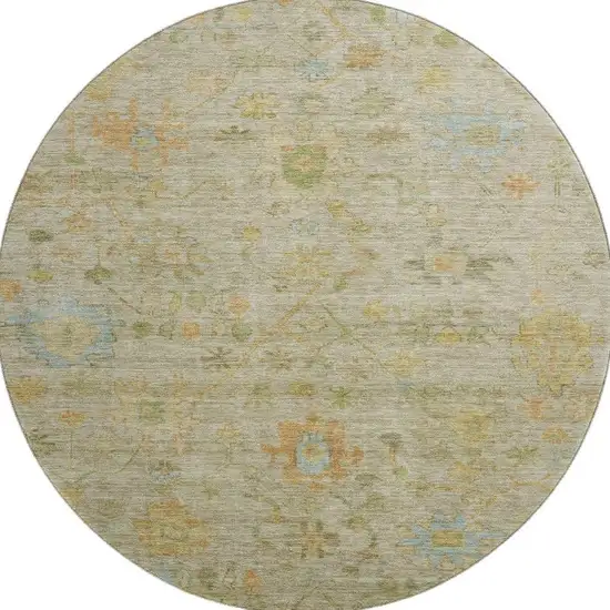 8' Khaki Gold And Blue Floral Washable Round Rug With UV Protection Photo 4