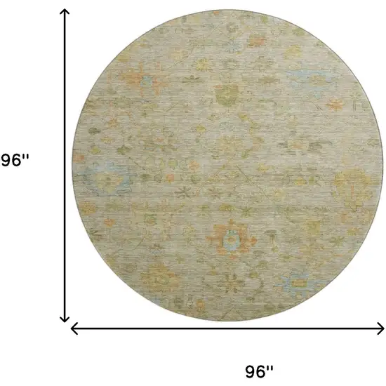 8' Khaki Gold And Blue Floral Washable Round Rug With UV Protection Photo 9