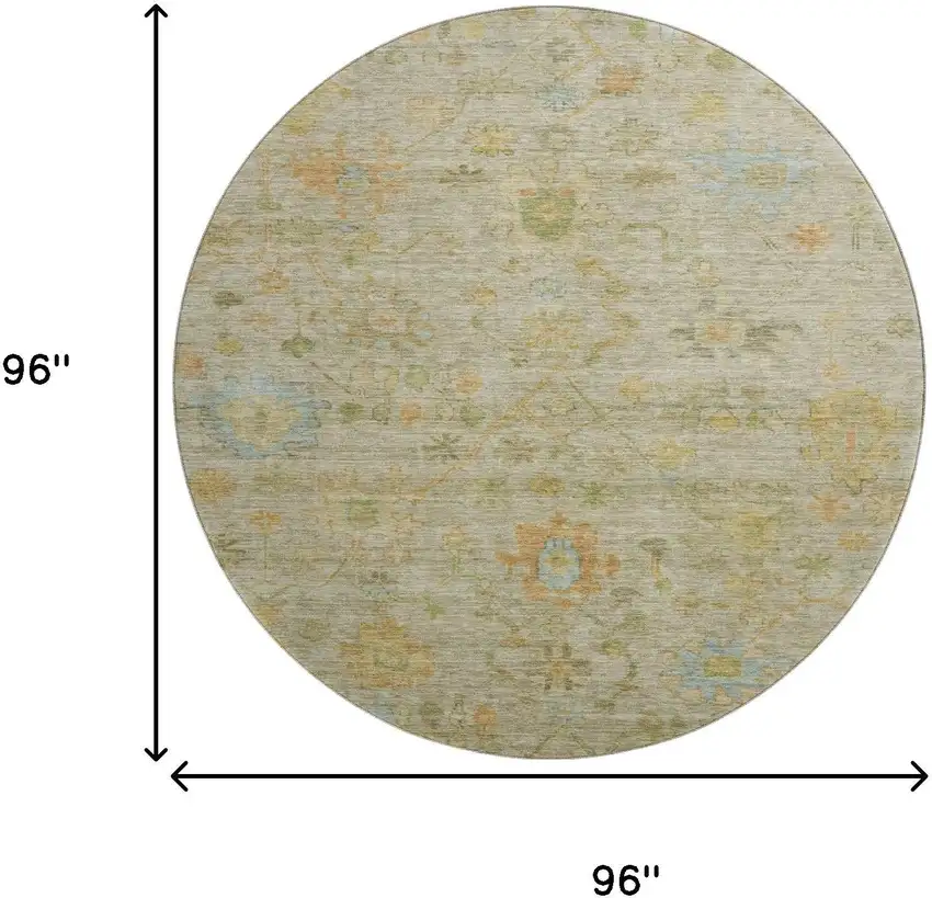 8' Khaki Gold And Blue Floral Washable Round Rug With UV Protection Photo 9