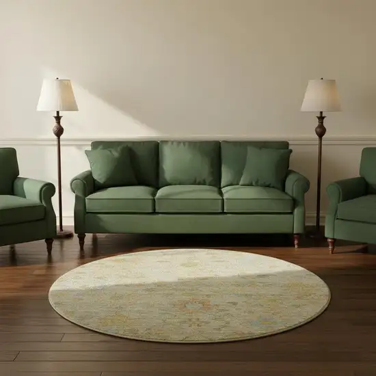 8' Khaki Gold And Blue Floral Washable Round Rug With UV Protection Photo 2