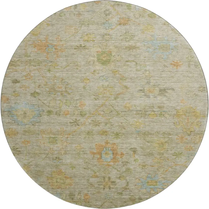 8' Khaki Gold And Blue Floral Washable Round Rug With UV Protection Photo 1