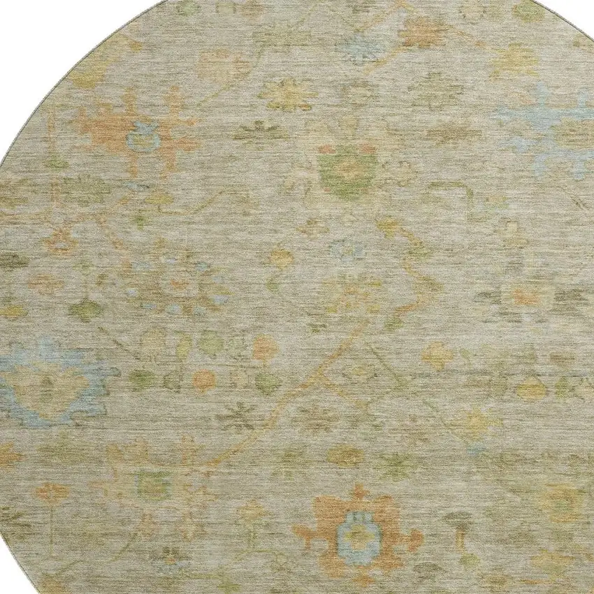 8' Khaki Gold And Blue Floral Washable Round Rug With UV Protection Photo 3