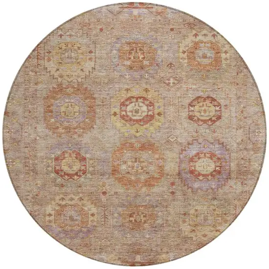 8' Khaki Gold And Burgundy Round Medallion Washable Indoor Outdoor Area Rug Photo 4