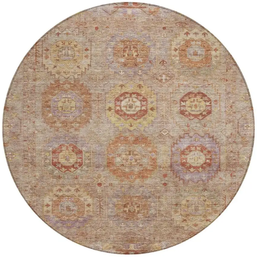 8' Khaki Gold And Burgundy Round Medallion Washable Indoor Outdoor Area Rug Photo 4