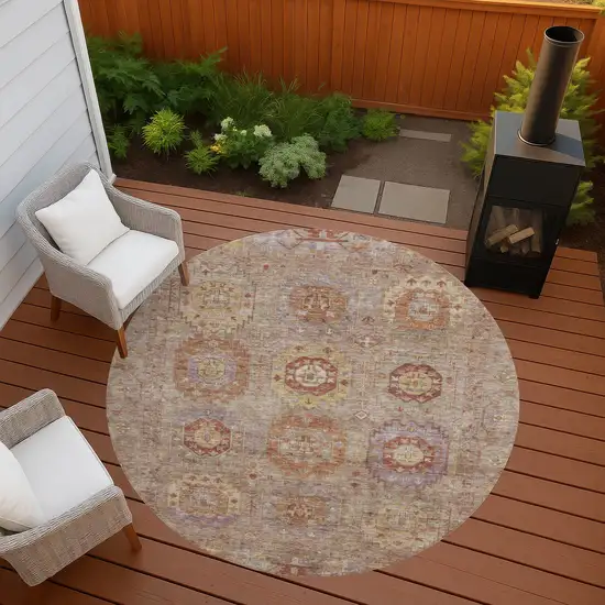 8' Khaki Gold And Burgundy Round Medallion Washable Indoor Outdoor Area Rug Photo 9