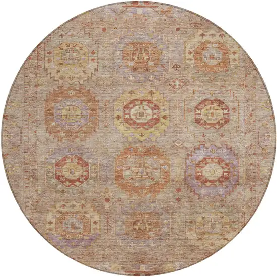 8' Khaki Gold And Burgundy Round Medallion Washable Indoor Outdoor Area Rug Photo 2